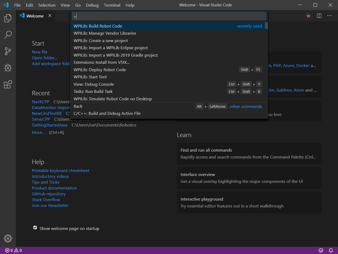 The WPILib Command Palette.