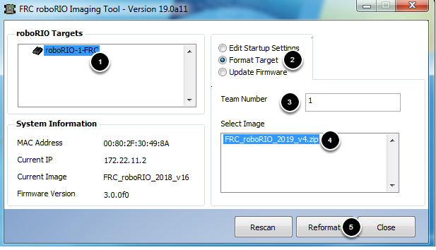 Numbers identifying the different parts of the Imaging Tool main screen for formatting the target.