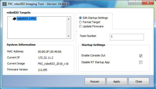 The roboRIO Imaging Tool main screen.