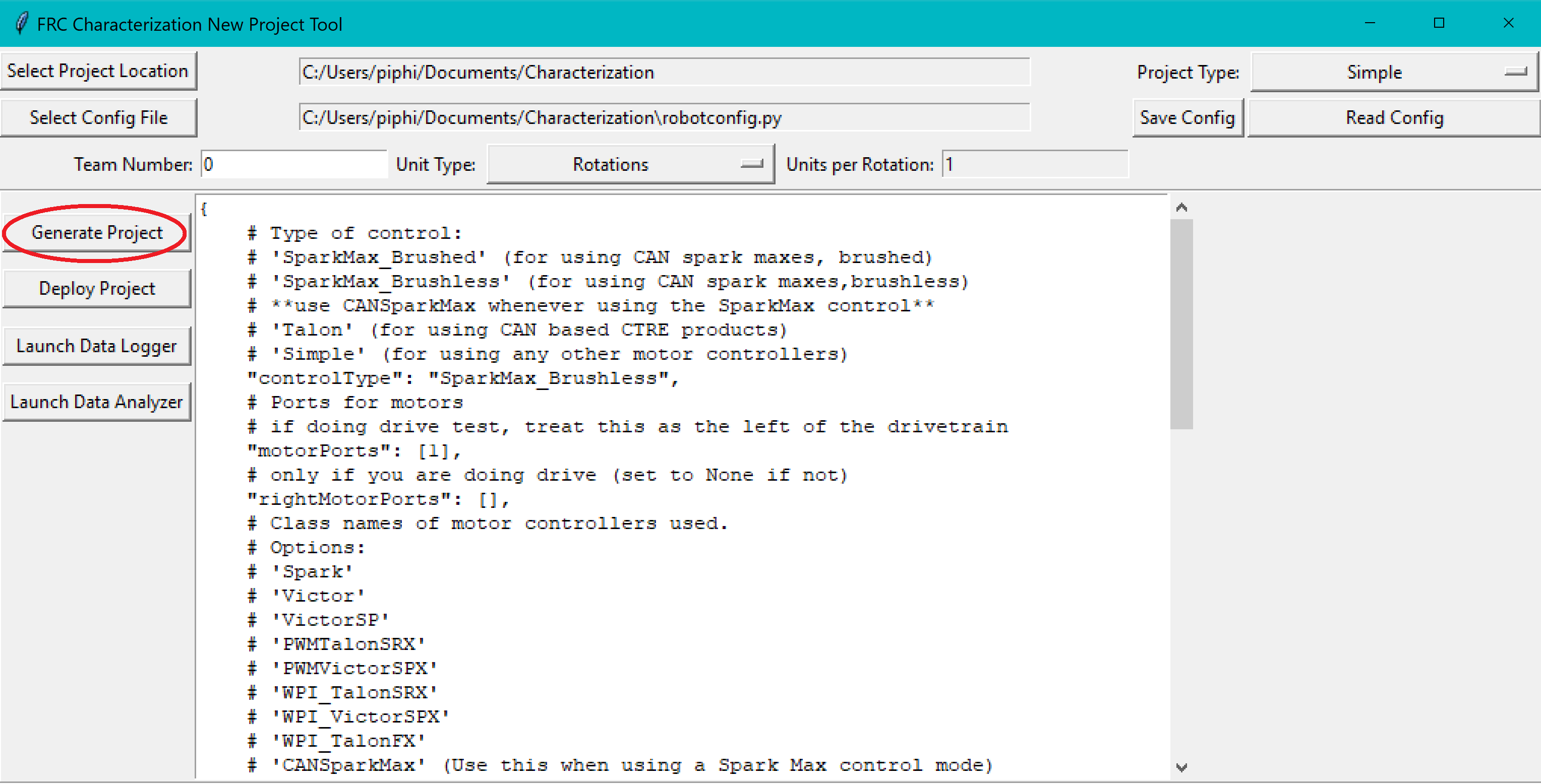 Robot Characterization new project screen that is highlighting "Generate Project".