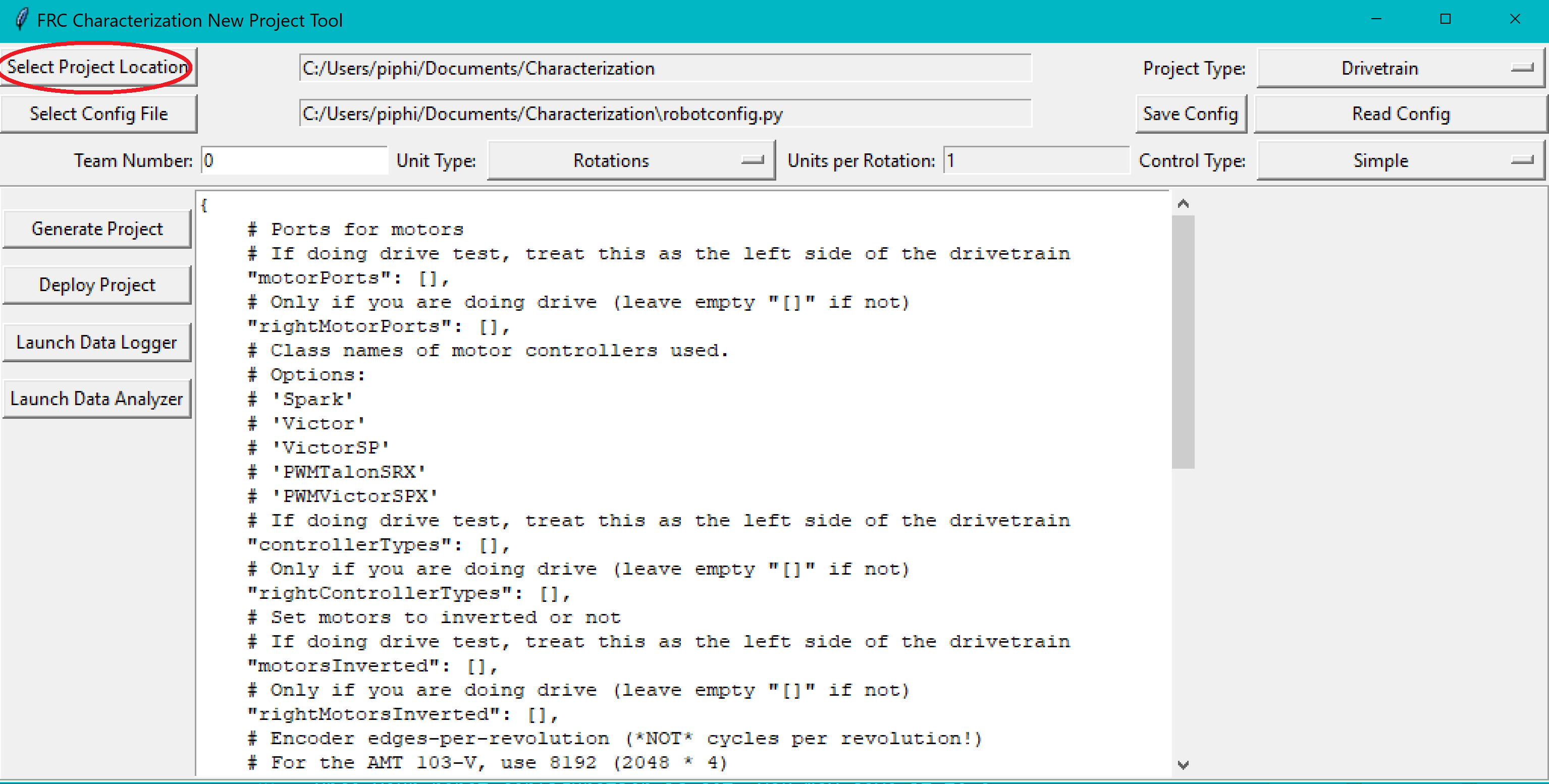 Selecting the project location in the robot characterization GUI