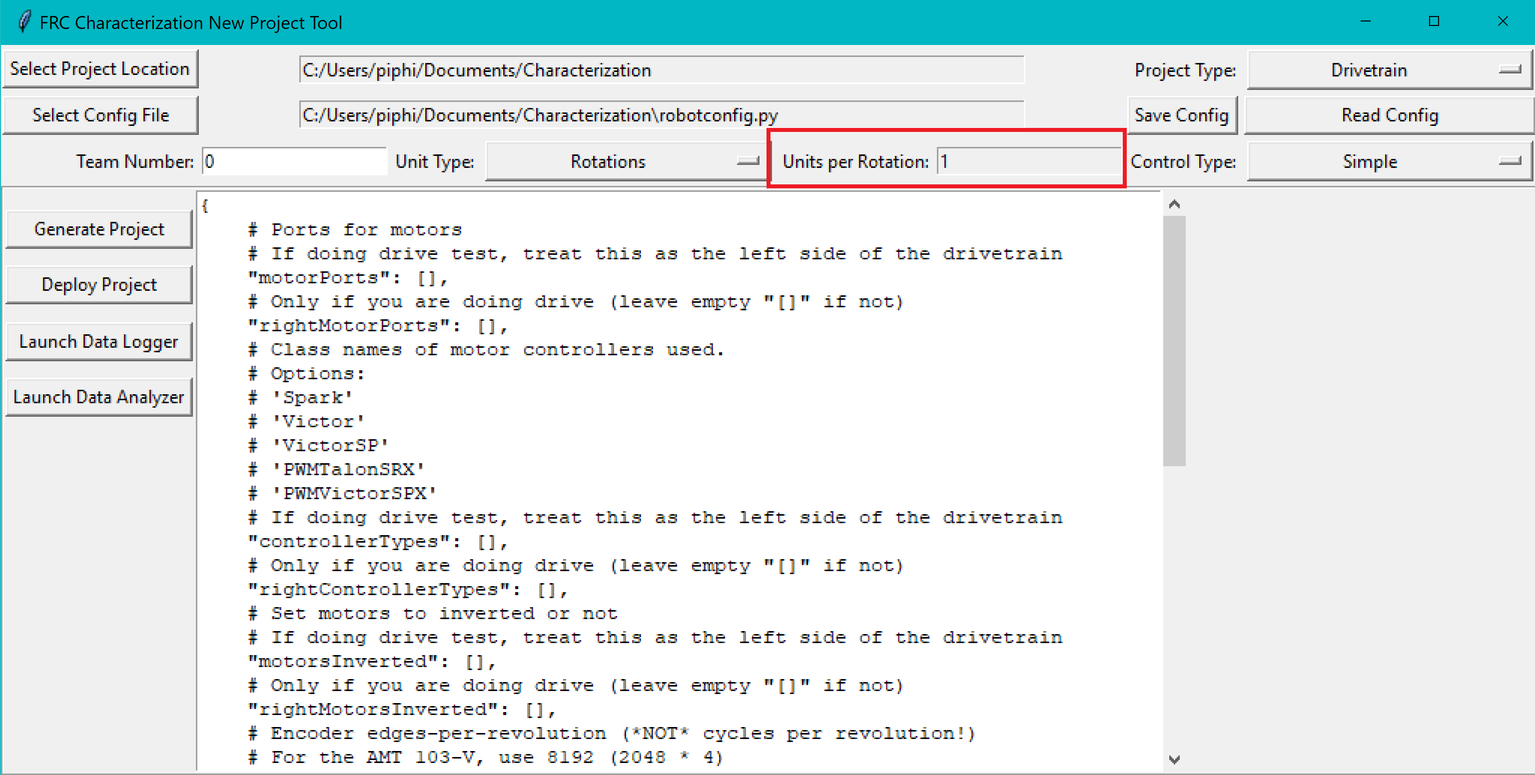 Settings the units per rotation of the data collection