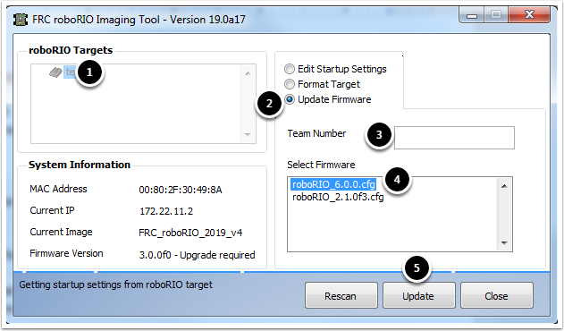 Numbers identifying the different parts of the Imaging Tool main screen for changing firmware.