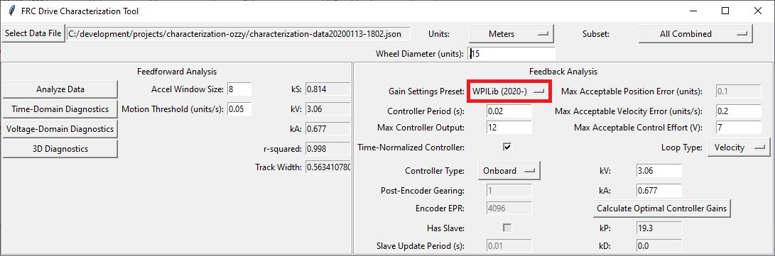 Highlights choosing "WPILib (2020-)" from the "Gain Setting Preset" dropdown.