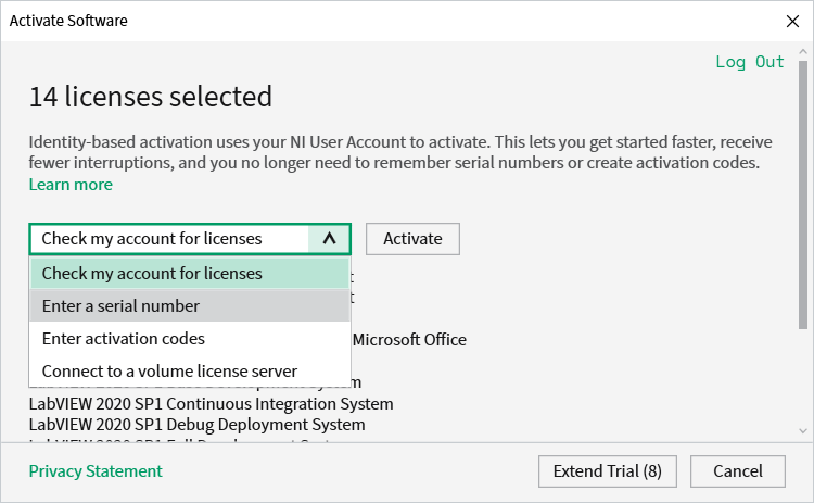 Screen so select how to activate LabVIEW.