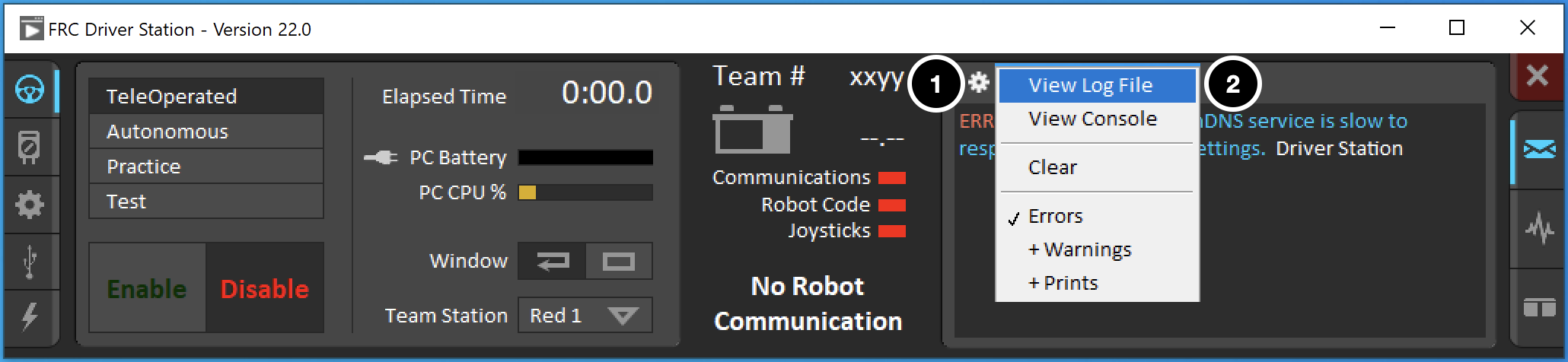Showing how to open the Log Viewer screen using the right console icon.
