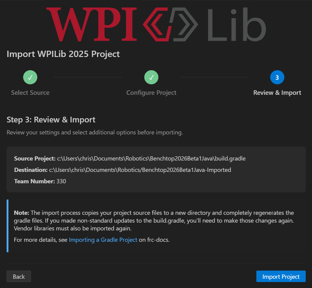 The Review & Import window of the WPILib Project Importer