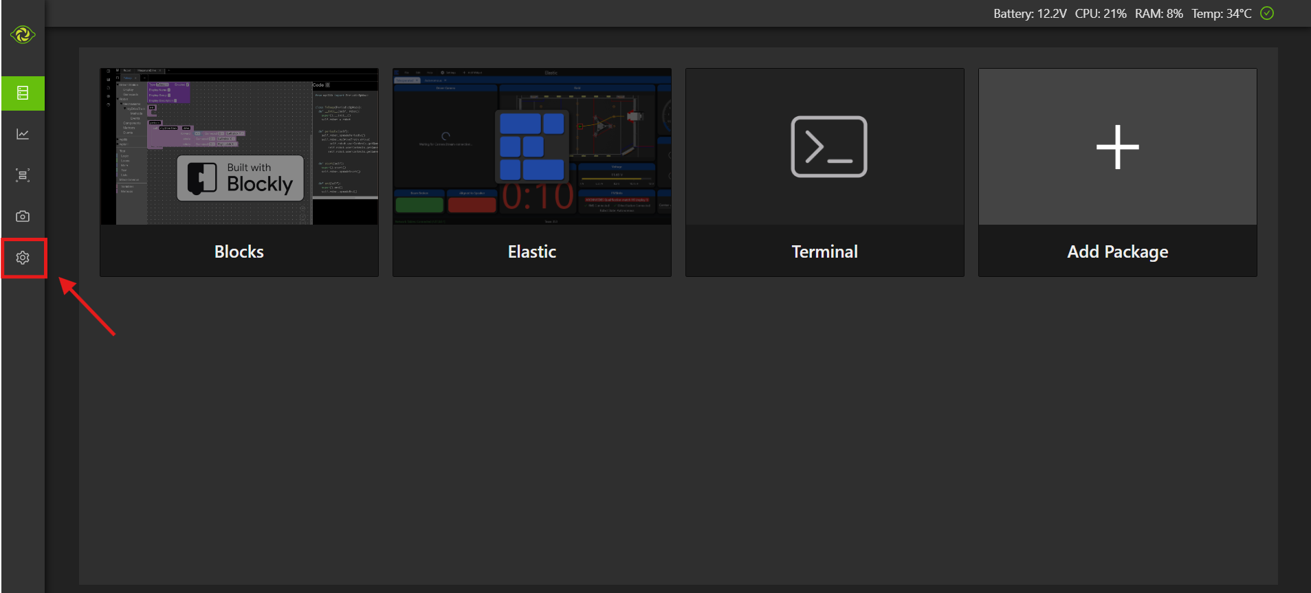 Image of Systemcore home page with a box around the settings wheel tab that leads to the configure & update tab.