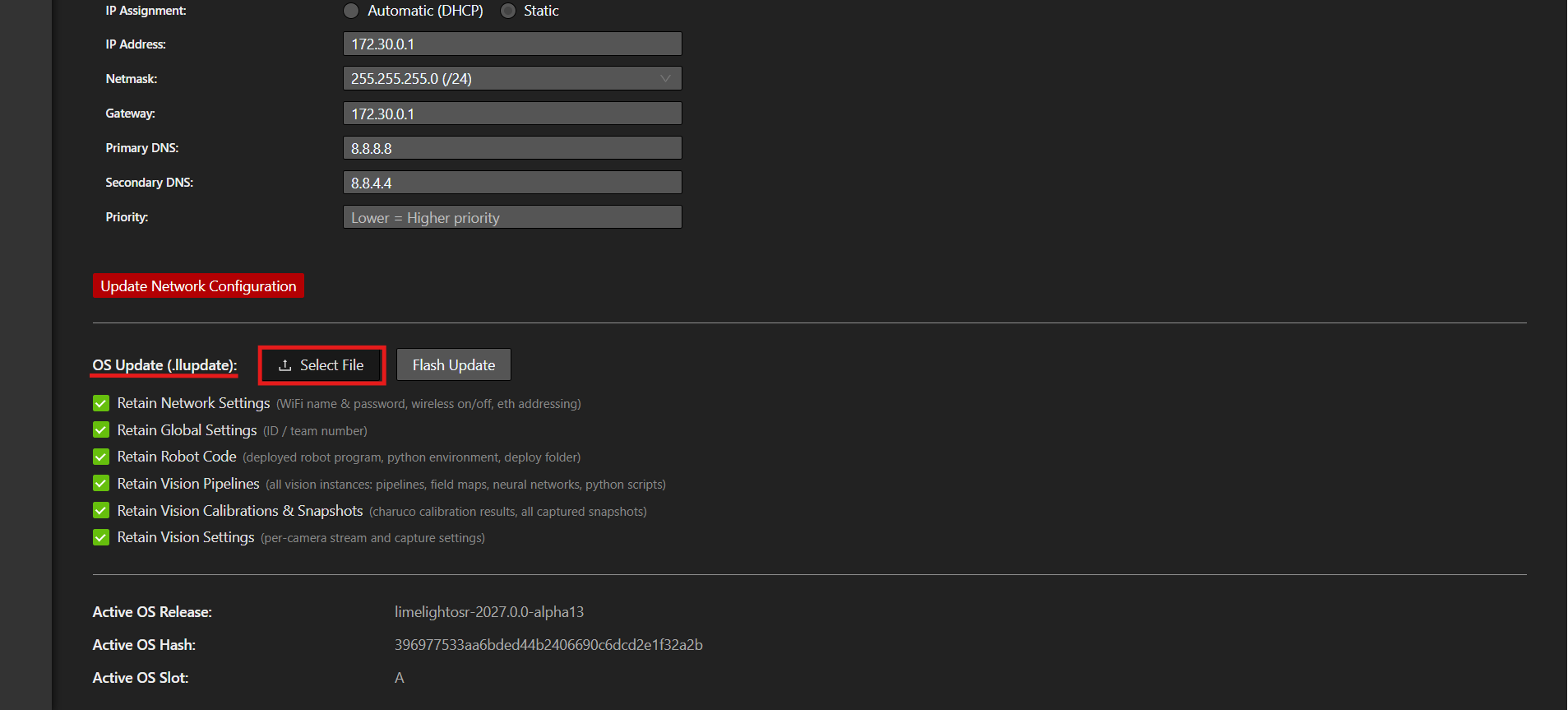 Image of Systemcore configuration page at the OS Update section.