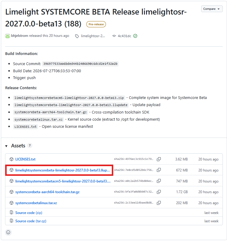 Image of the LimelightVision Systemcore Release Page with the ``.llupdate`` file download link indicated by with a yellow box.
