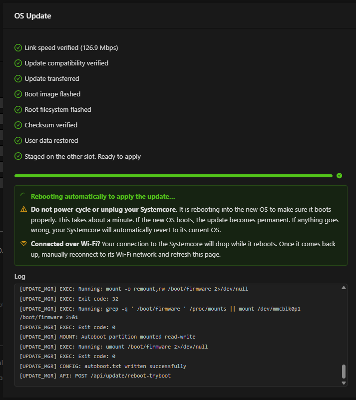 Image of finished OS Update page with all processes marked with a check mark